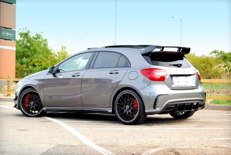 View MERCEDES-BENZ A CLASS 2.0 A45 AMG 4MATIC - 37,800 miles. Aero Pack, Pan Roof, Sports Exhaust, Premium and Night Pack. Grey